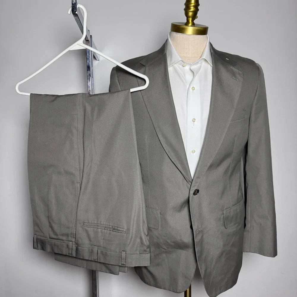Brooks Brothers Suit Mens 40R W34 Olive Green Solid Cotton Vintage USA